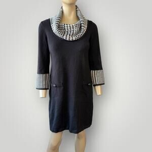 Jessica Howard Cowl Neck 3/4 Sleeves Knit Sweater Dress Size M Black Houndstooth